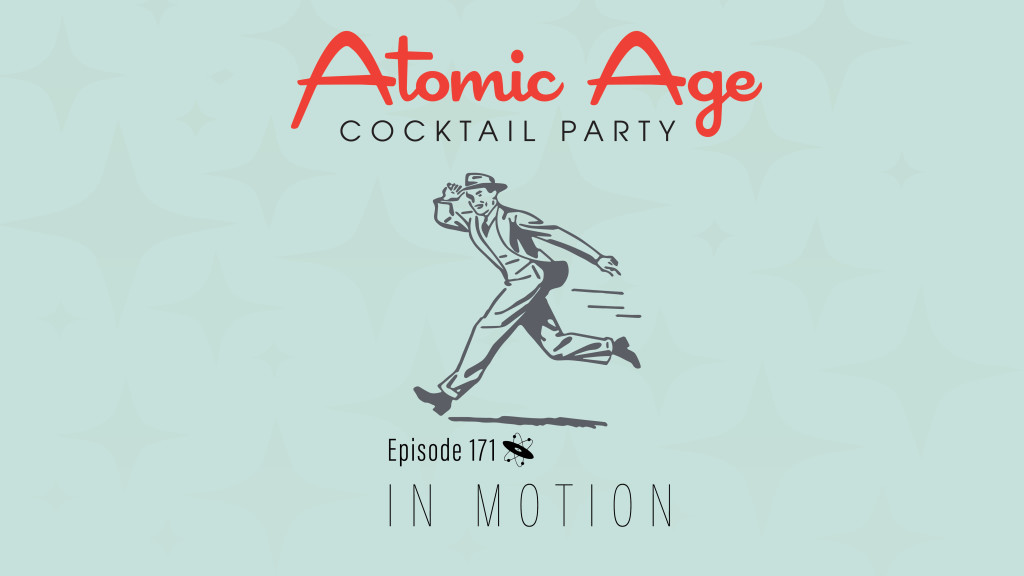Atomic Age logo with an illustration of a man in a suit walking briskly. Text reads 