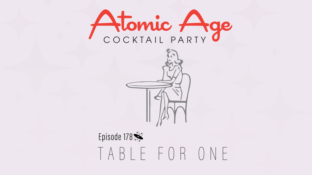 Atomic Age logo with an image of a woman sitting alone at a table. Text reads 