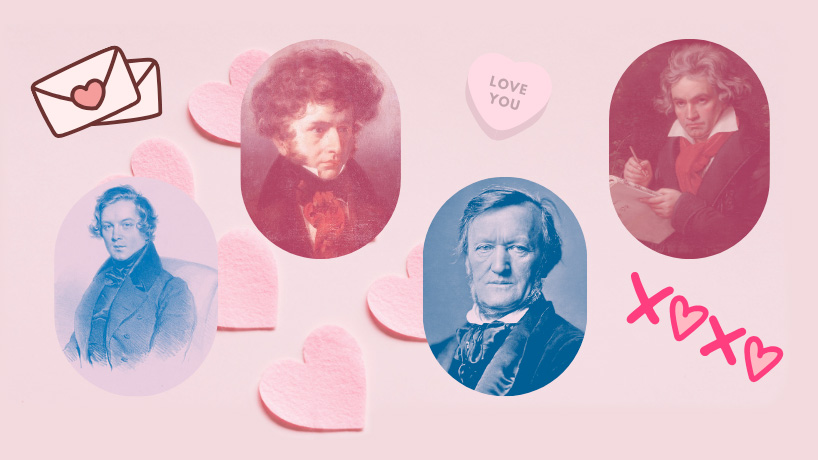 Paintings and vintage photographs of composers who wrote songs of love.