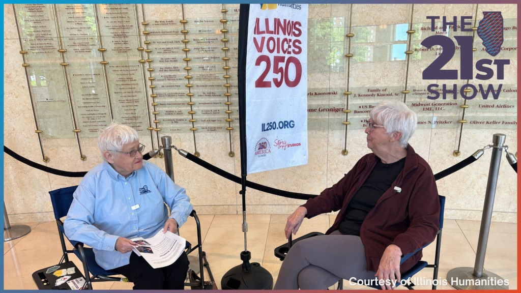 Francie Staggs and Rhonda Trower of the Captain William Penny Chapter of the Daughters of the Republic record their Illinois Voices 250 interview during a Community Recording Day at the State Capitol in Springfield.