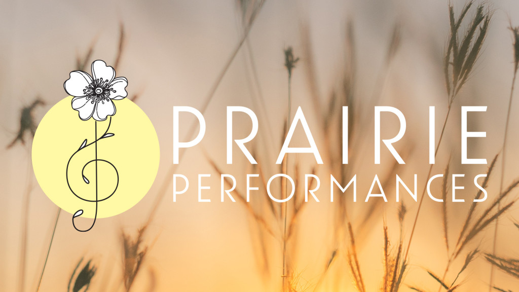Prairie Performances logo on top of a sunset prairie photograph