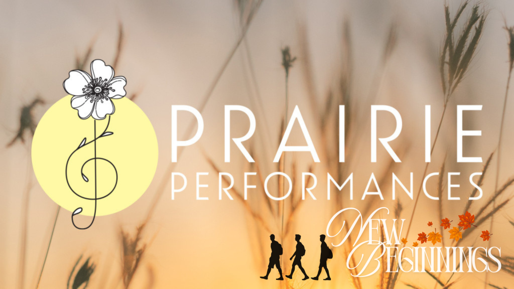 a logo with a flower over a yellow circle with the words Prairie and Performances and new beginnings