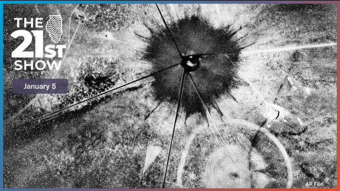 FILE - This July 16, 1945 photo, shows an aerial view after the first atomic explosion at Trinity Test Site, N.M. 