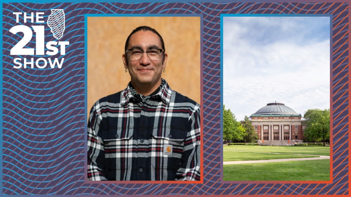 a man with black hair pulled back wears a plaid flannel shirt, a black bandanna around his neck, and a cross-shaped earring in each ear; another image depicts the green grass of the University of Illinois' main quadrangle, with Foellinger Auditorium in the background
