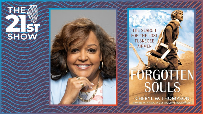 a montage featuring a portrait of a Black woman with brown hair wearing a baby blue jacket over a white blouse, she smiles and rests her chin on her hand; the cover of Forgotten Souls shows a black World War II aviator wearing a parachute harness and standing astride the cockpit of a military aircraft