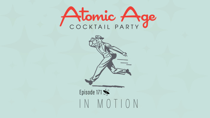 Atomic Age logo with an illustration of a man in a suit walking briskly. Text reads 