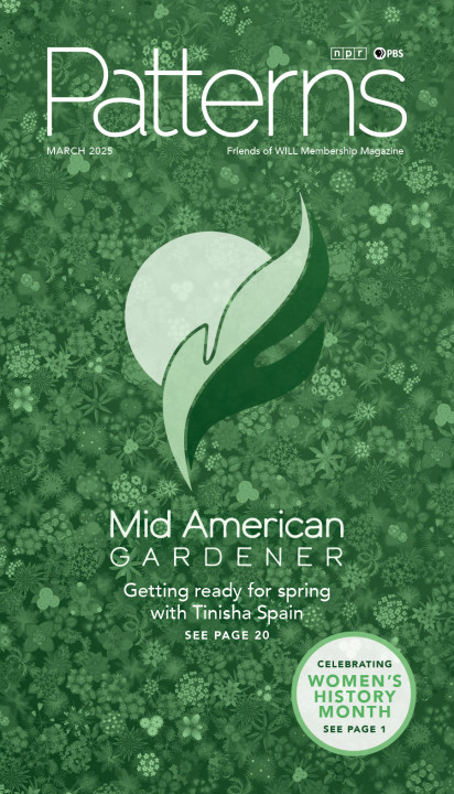 A green leafy pattern background with the logo for Mid American Gardener. Getting ready for spring with Tinisha Spain, see page 20. Also Celebrating Women's History Month, see page 1.