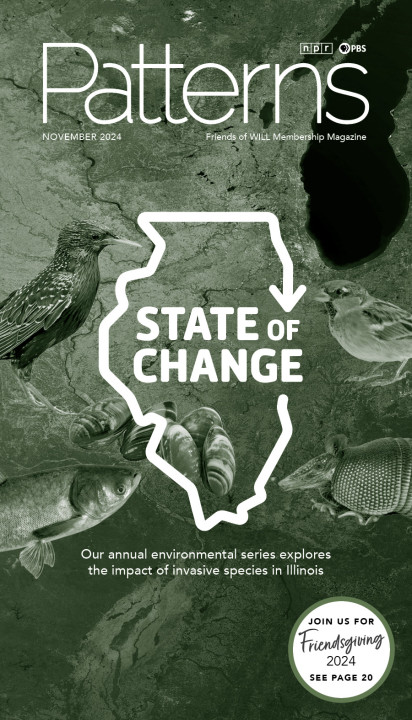 The logo for the local environmental program State of Change is in white over images that illustrate invasive species that are featured on this episode, kncluding birds, a mussel species, and the nine-banded armadillo.