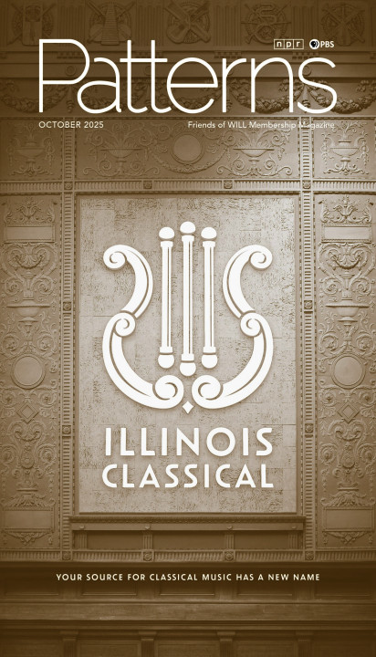 A decorative harp is main feature in the new logo for Illinois Classical with text that reads YOUR SOURCE FOR CLASSICAL MUSIC HAS A NEW NAME.