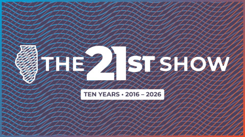 wavy red and blue lines are the backdrop for The 21st Show's logo, which features an outline of the state of Illinois; beneath that is written 