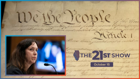the US constitution is written on dark brown paper in elaborate script; the inset photo features a white woman with brown hair and wearing a black top; she's looking to her right and her lips are pursed; on a TV monitor in the background — out of focus — you can see a senator holding up a piece of paper, presumably asking a question or making a point during Shogan's confirmation hearing