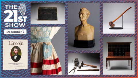 a collage of objects including a black leather folio with the name Abraham Lincoln stamped on it in gold, a yellowed bust of Lincoln, a wooden-handled axe, a large wooden desk with 40 pigeon-holes and 12 vertical slots for storing letters and papers; tools including a hammer, chisel, pliers, and a lantern; and an apron with a blue bust decorated with white stars, and red-and-white stripes around the skirt