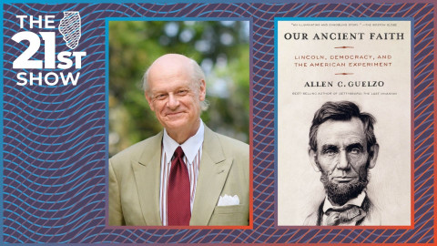 Allen Guelzo, a white man, is seen in a tan suit wearing a white shirt and a red necktie; to his right is the cover of the book 