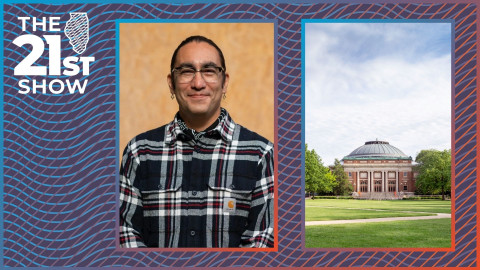 a man with black hair pulled back wears a plaid flannel shirt, a black bandanna around his neck, and a cross-shaped earring in each ear; another image depicts the green grass of the University of Illinois' main quadrangle, with Foellinger Auditorium in the background