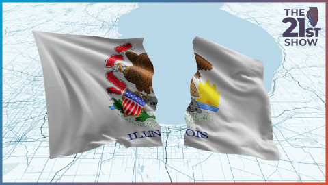 a flag of illinois cut in half is superimposed over a stylized white and blue map of Cook County, Illinois