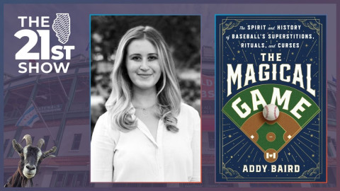 a black-and-white photo of the author shows a white woman in a white blouse; the book cover features an indigo background dotted by golden stars and clouds, radiating from a green baseball diamond; in the background is a photo of the famous red sign at Wrigley Field; and in the bottom corner a small goat peeks its head up and looks directly into the camera, as if to say, 