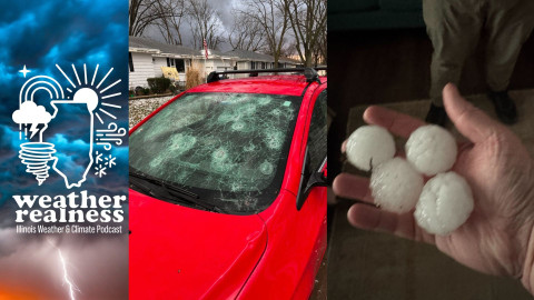 Left to right: hailstones and hail damage in Bradley, Illinois from March 10, 2026.