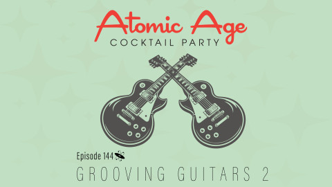 Atomic Age logo with illustration of an illustration of a pair of guitars crossing at the neck. Text reads 