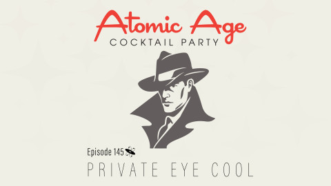 Atomic Age logo with illustration of man wearing a hate and trenchcoat. Text reads 