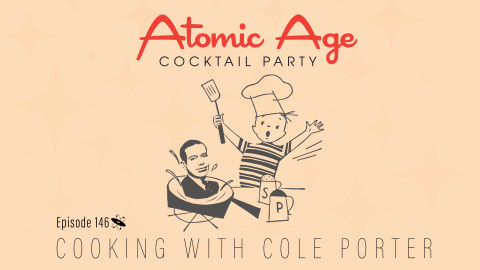 Atomic Age logo with illustration of a small child cooking. In the pan in a bust of Cole Porter. Text reads 