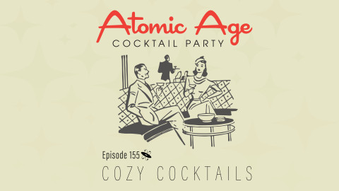Atomic Age logo with an illustration of a man and woman sitting at a table in a bar enjoying drinks.