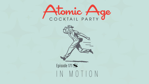 Atomic Age logo with an illustration of a man in a suit walking briskly. Text reads 