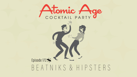 Atomic Age logo with an illustration of a beatnik man and woman dancing. Text reads 