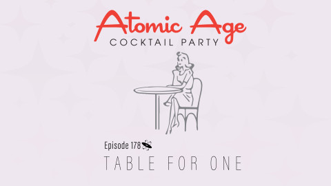 Atomic Age logo with an image of a woman sitting alone at a table. Text reads 