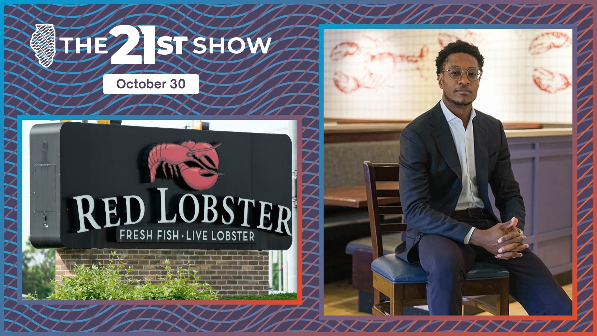 a montage including a blue sign with an image of a red lobster above the words 